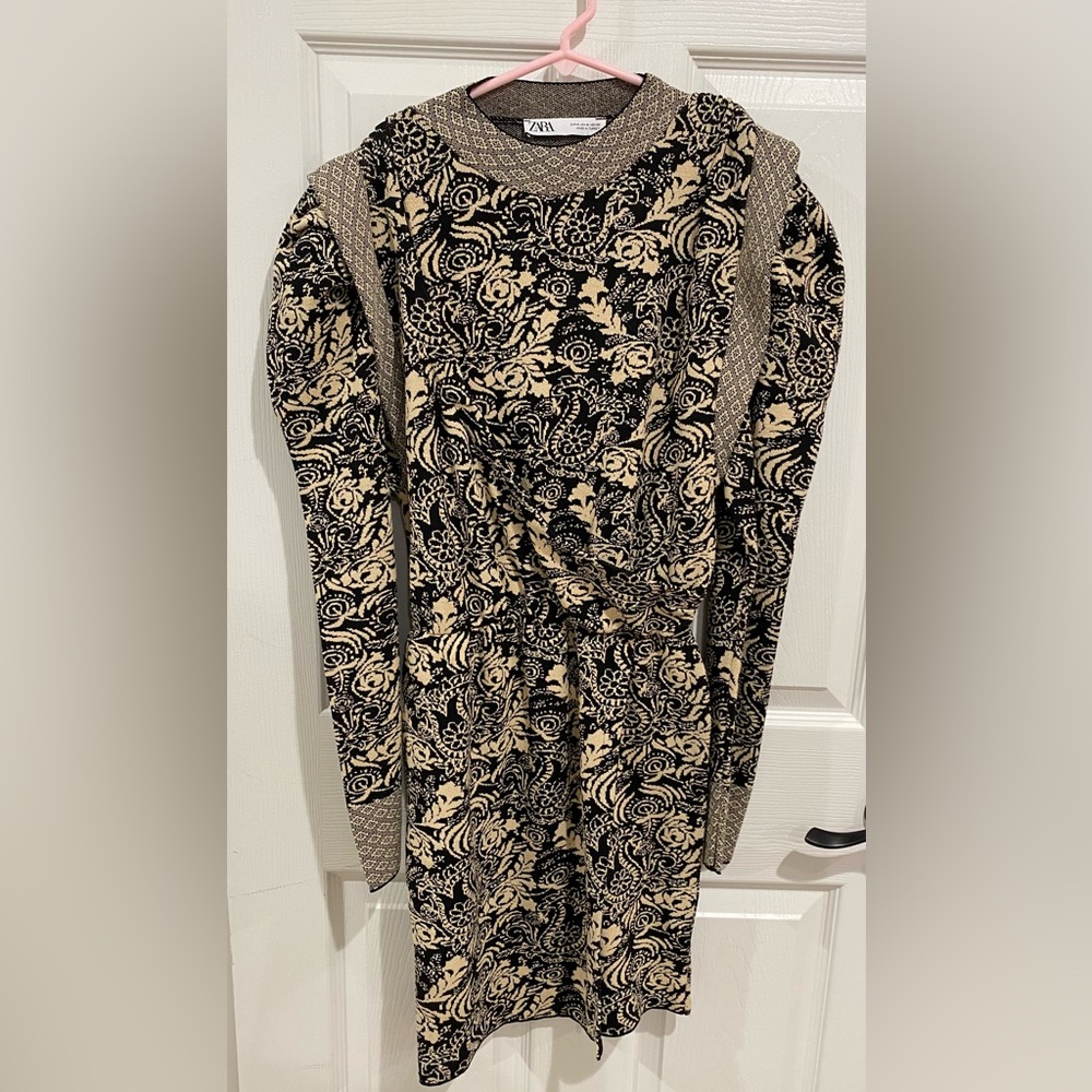 ZARA Knit Black Cream Knit Sweater Dress Size Medium